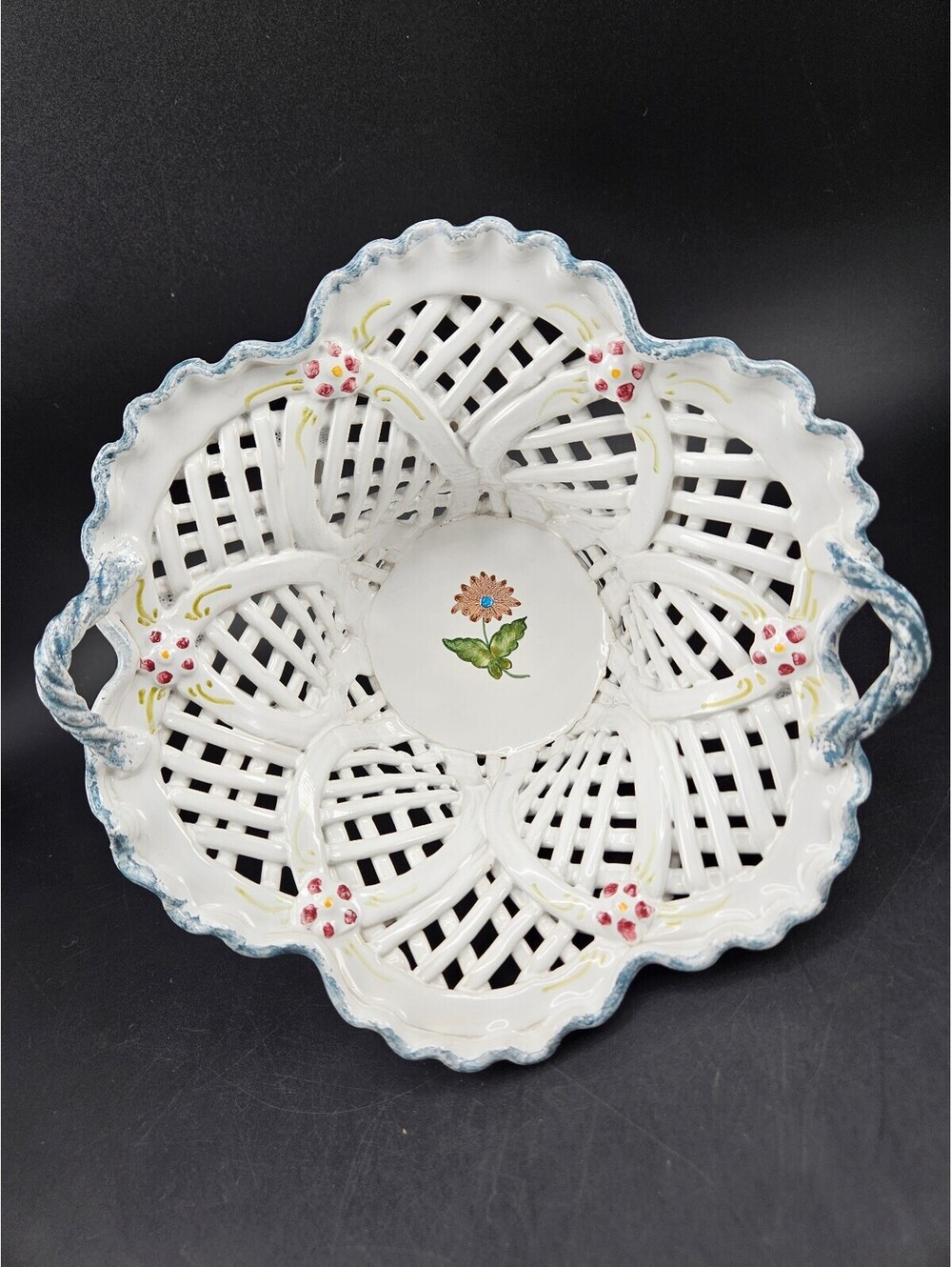 Vintage Hand-Painted Portuguese Ceramic Lattice Basket Bowl Signed "Lena"